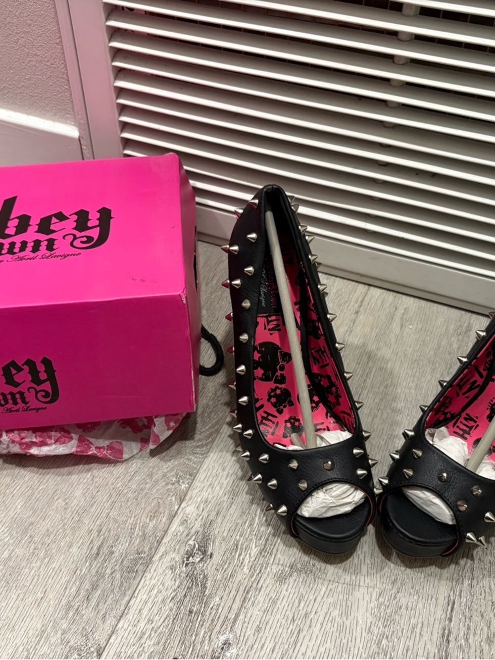 Abbey Dawn Black Studded Peep-Toe Heels with Pink Lining
